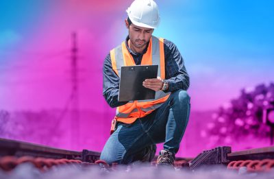 Engineer under inspection and checking construction process railway switch and checking work on railroad station .Engineer wearing safety uniform and safety helmet in work.